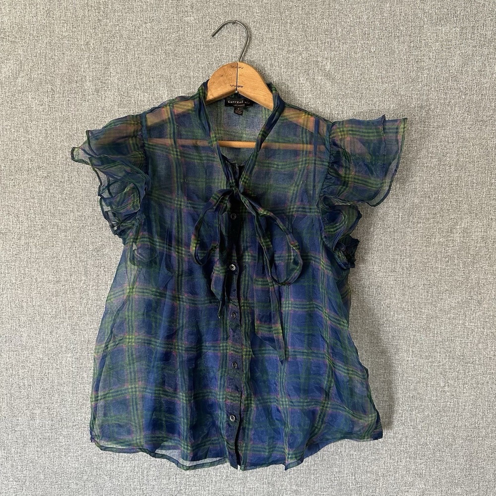 Current Air Top Womens Small Blue Green Plaid Sheer Flutter Sleeve Blouse Preppy